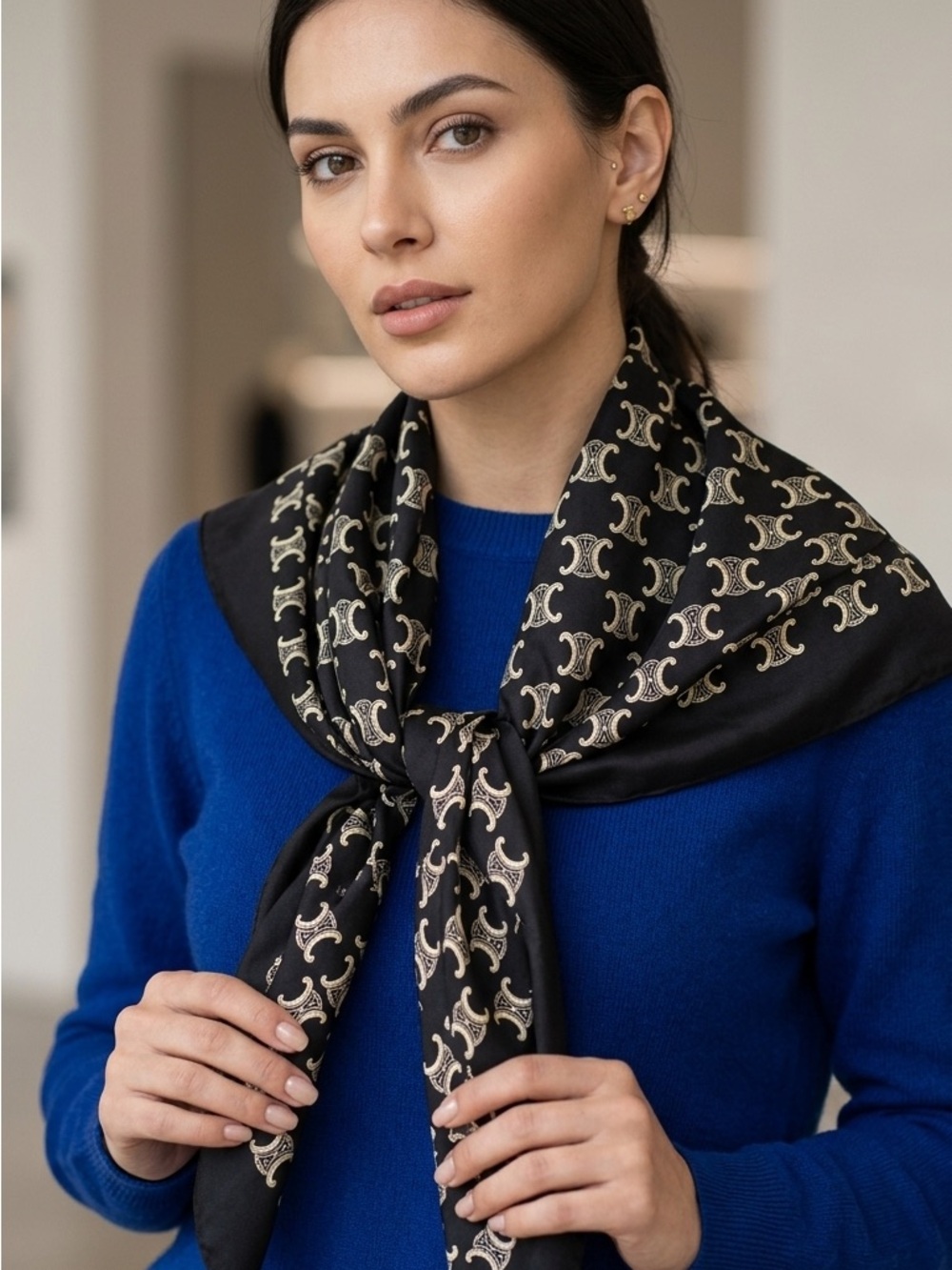 🆕 CELINE Black Logo Silk Scarf - Picture 3 of 6